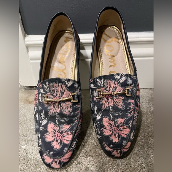Sam Edelman Lorraine Navy and Pink Floral Loafers with Gold Buckle - Picture 2 of 6